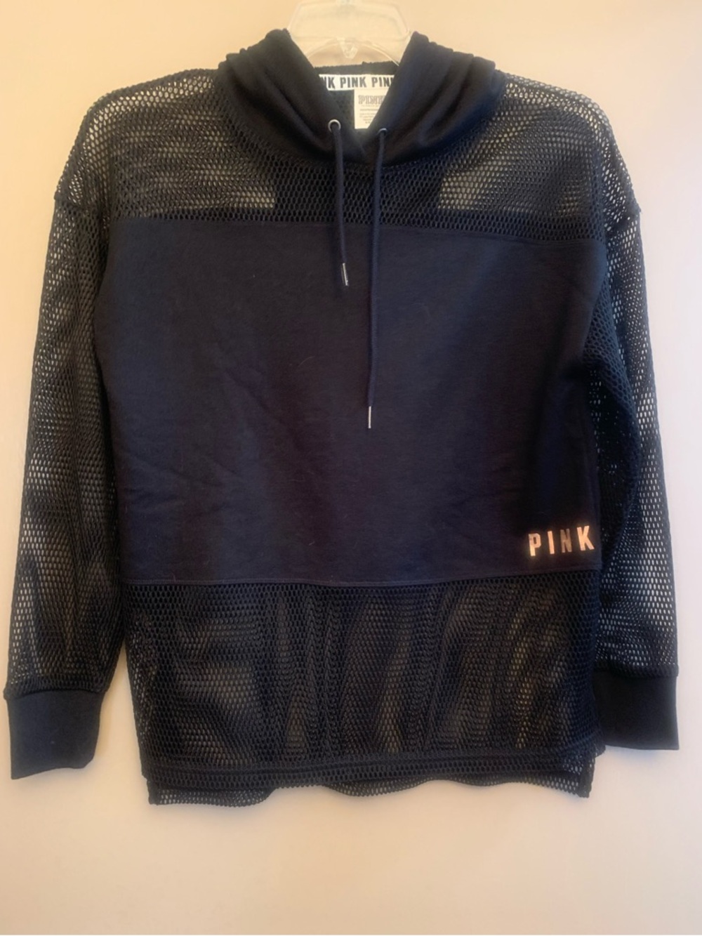 Victoria's Secret PINK Black Mesh Hoodie with Metallic Logo Trim Size XS